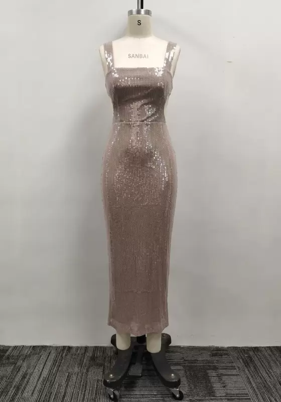 Women Champagne Sequin Square Neck Sleeveless Open Back Slit Maxi Dress