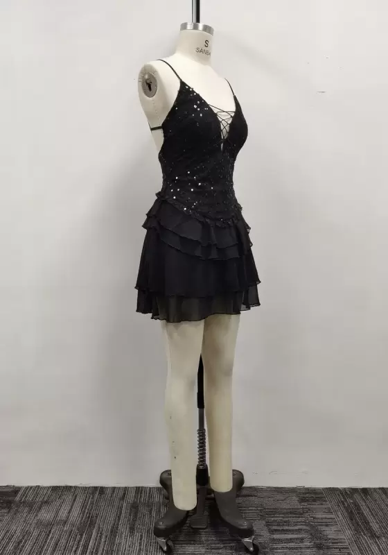 Women Black Lace Sequin Spaghetti Strap Lace Up Open Back Tiered Mini Dress