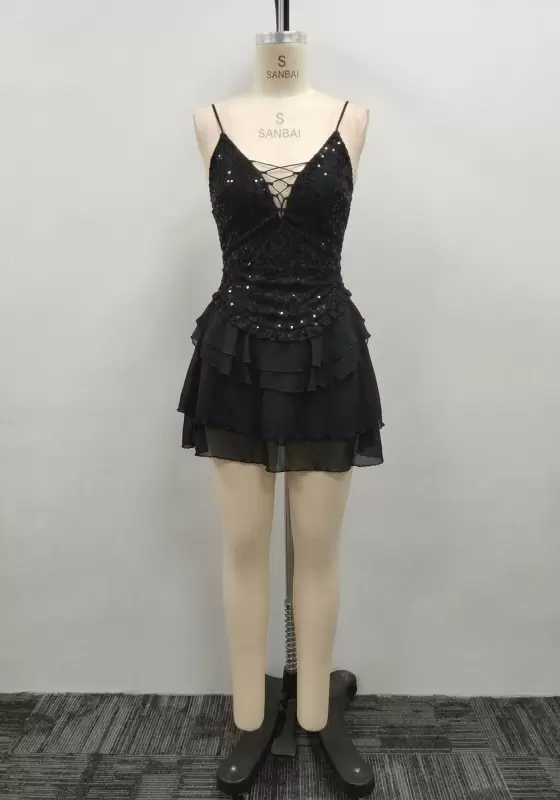 Women Black Lace Sequin Spaghetti Strap Lace Up Open Back Tiered Mini Dress