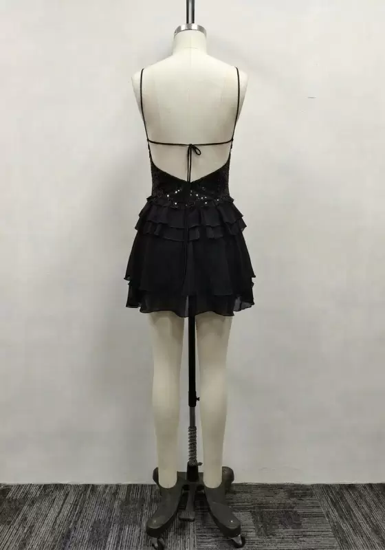 Women Black Lace Sequin Spaghetti Strap Lace Up Open Back Tiered Mini Dress