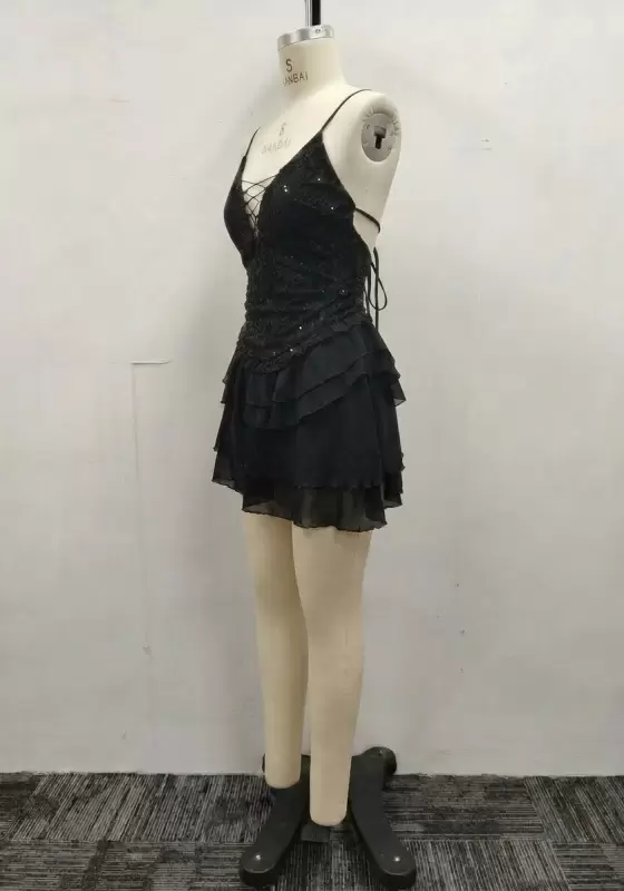 Women Black Lace Sequin Spaghetti Strap Lace Up Open Back Tiered Mini Dress