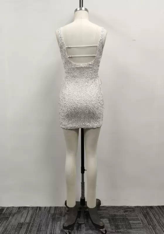 Women White Silver Sequin Scoop Neck Lace Up Backless Tank Bodycon Mini Dress