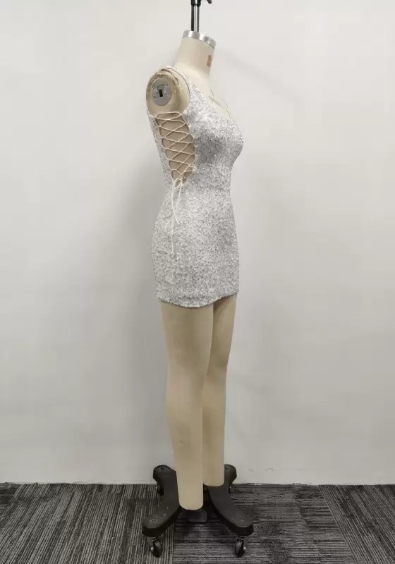 Women White Silver Sequin Scoop Neck Lace Up Backless Tank Bodycon Mini Dress