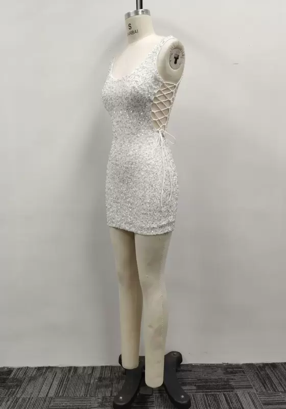 Women White Silver Sequin Scoop Neck Lace Up Backless Tank Bodycon Mini Dress