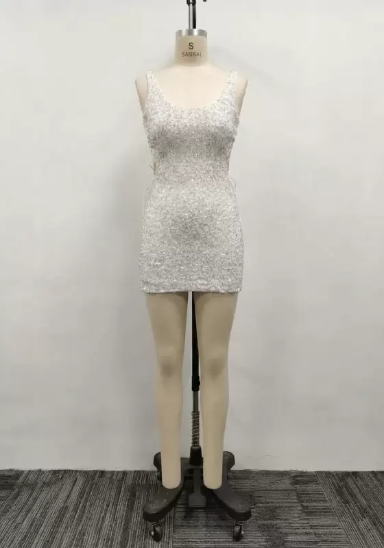 Women White Silver Sequin Scoop Neck Lace Up Backless Tank Bodycon Mini Dress