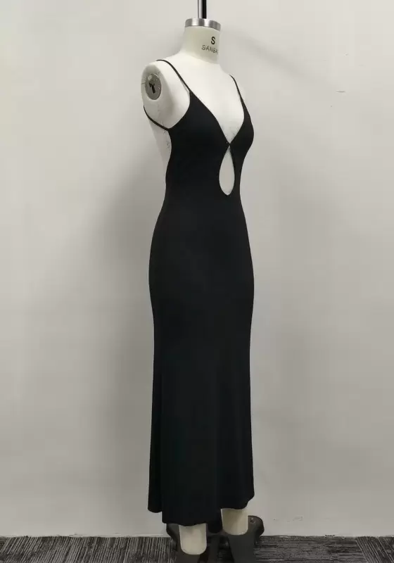 Women Black Jacquard Lace Halter Straps Front Cutout Open Back Maxi Dress