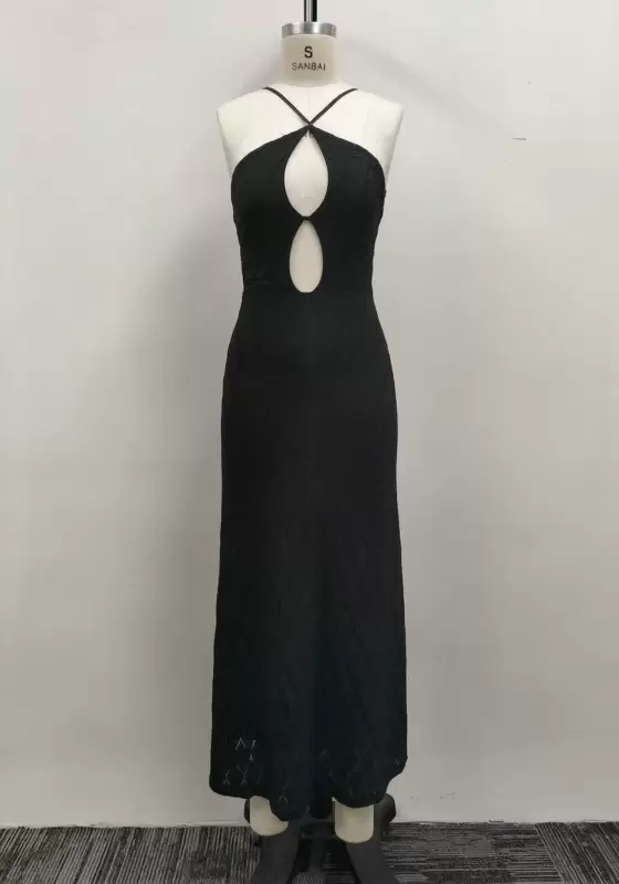 Women Black Jacquard Lace Halter Straps Front Cutout Open Back Maxi Dress