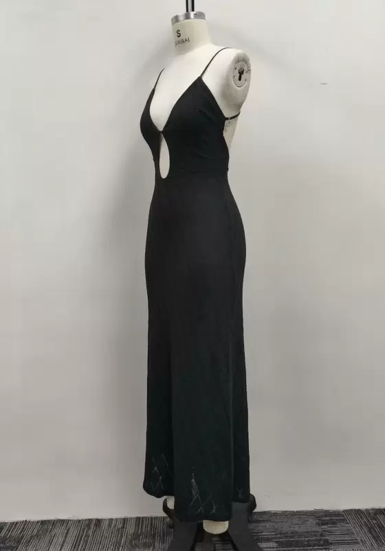 Women Black Jacquard Lace Halter Straps Front Cutout Open Back Maxi Dress