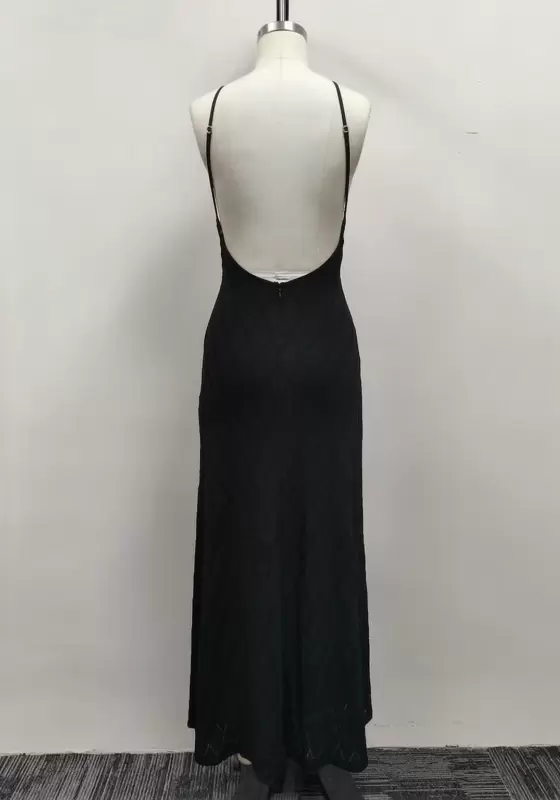 Women Black Jacquard Lace Halter Straps Front Cutout Open Back Maxi Dress