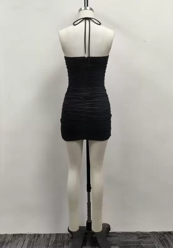 Women Black Lace Halter Front Lace Up Ruched Strapless Bodycon Mini Dress