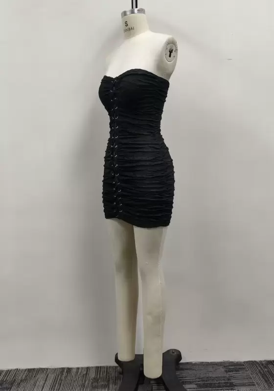 Women Black Lace Halter Front Lace Up Ruched Strapless Bodycon Mini Dress