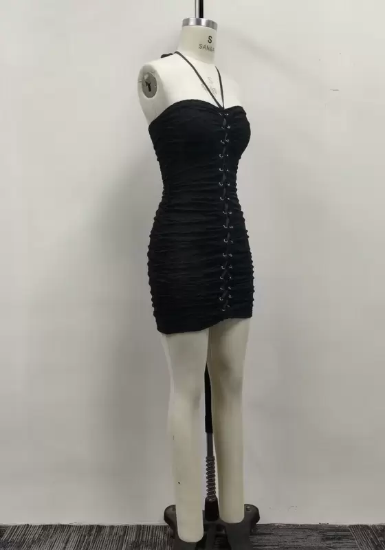 Women Black Lace Halter Front Lace Up Ruched Strapless Bodycon Mini Dress