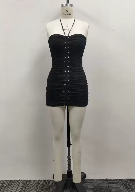 Women Black Lace Halter Front Lace Up Ruched Strapless Bodycon Mini Dress