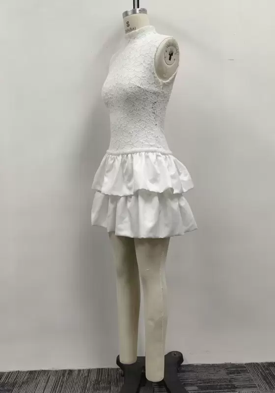 Women White Lace High Neck Sleeveless Tiered Bubble Hem Mini Dress
