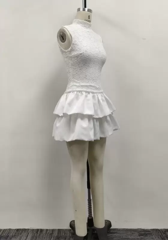 Women White Lace High Neck Sleeveless Tiered Bubble Hem Mini Dress