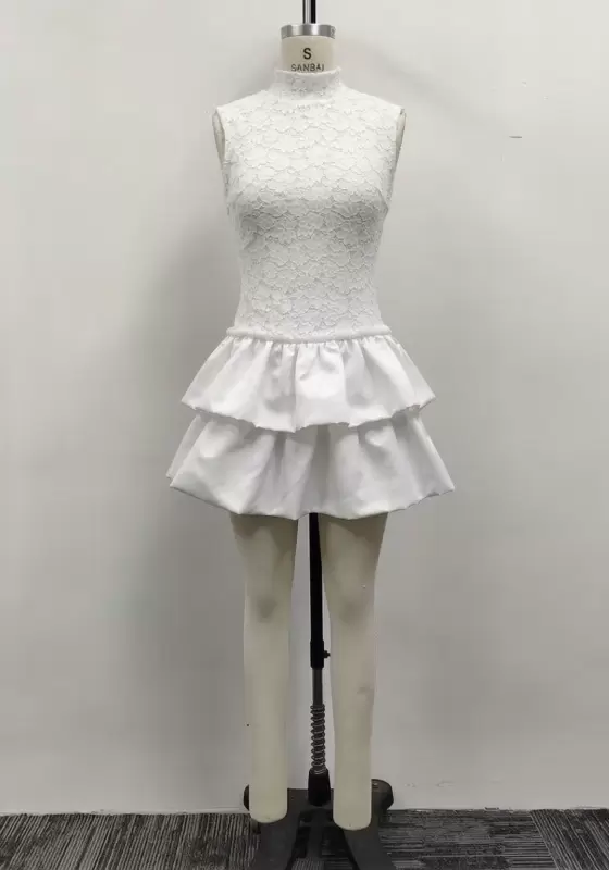 Women White Lace High Neck Sleeveless Tiered Bubble Hem Mini Dress