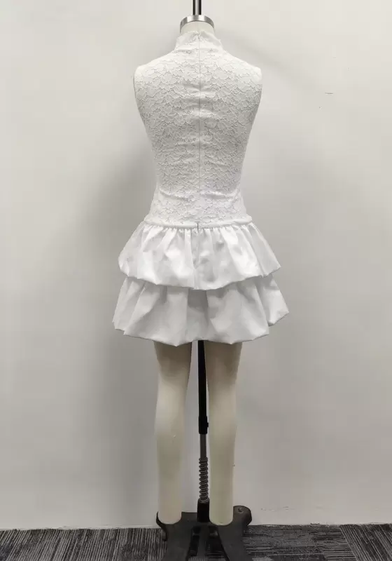 Women White Lace High Neck Sleeveless Tiered Bubble Hem Mini Dress