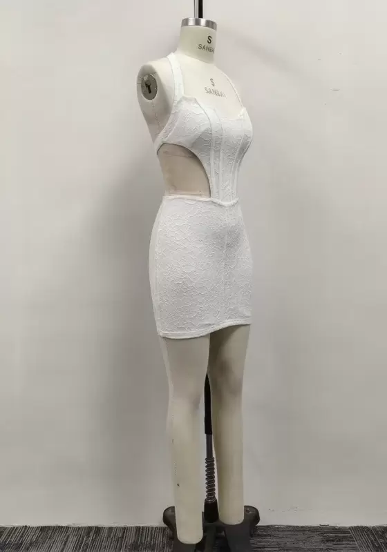 Women White Lace Halter Corset Waist Cutout Backless Bodycon Mini Dress