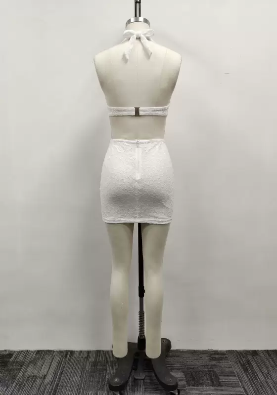 Women White Lace Halter Corset Waist Cutout Backless Bodycon Mini Dress
