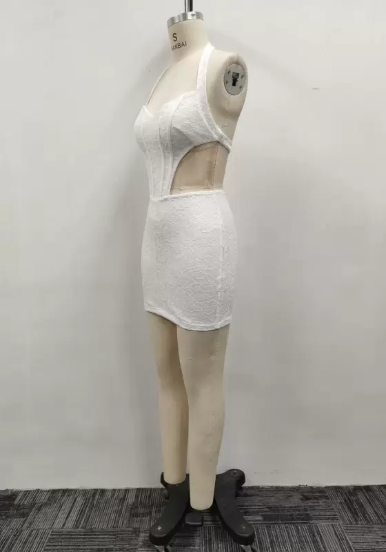 Women White Lace Halter Corset Waist Cutout Backless Bodycon Mini Dress