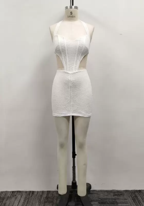 Women White Lace Halter Corset Waist Cutout Backless Bodycon Mini Dress