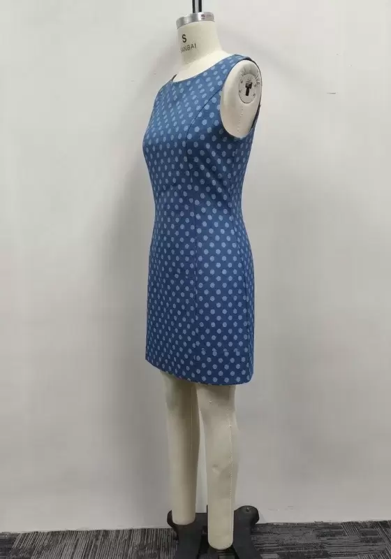 Women Blue Polka Dot Jacquard Denim Sleeveless A-Line Mini Dress