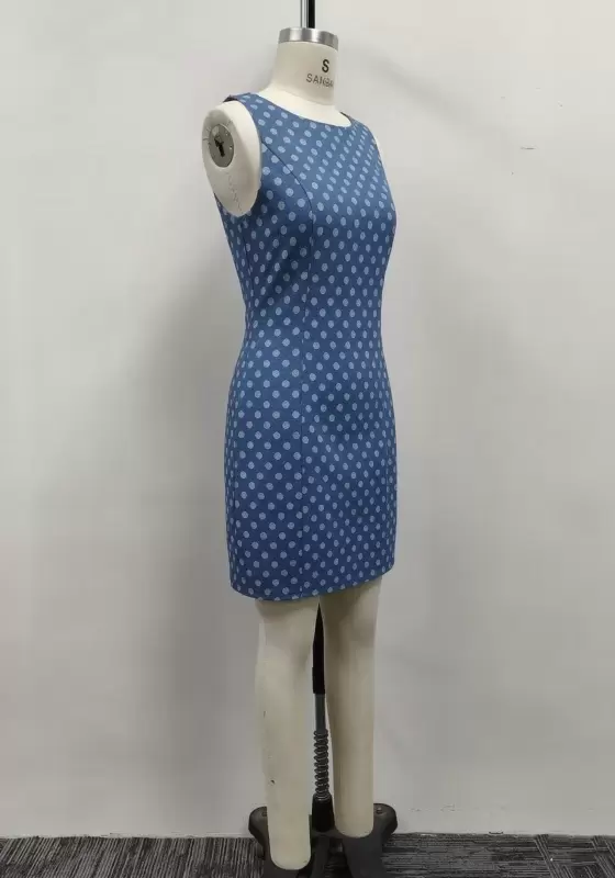 Women Blue Polka Dot Jacquard Denim Sleeveless A-Line Mini Dress