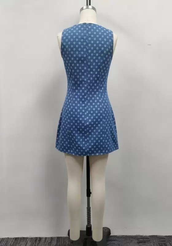 Women Blue Polka Dot Jacquard Denim Sleeveless A-Line Mini Dress