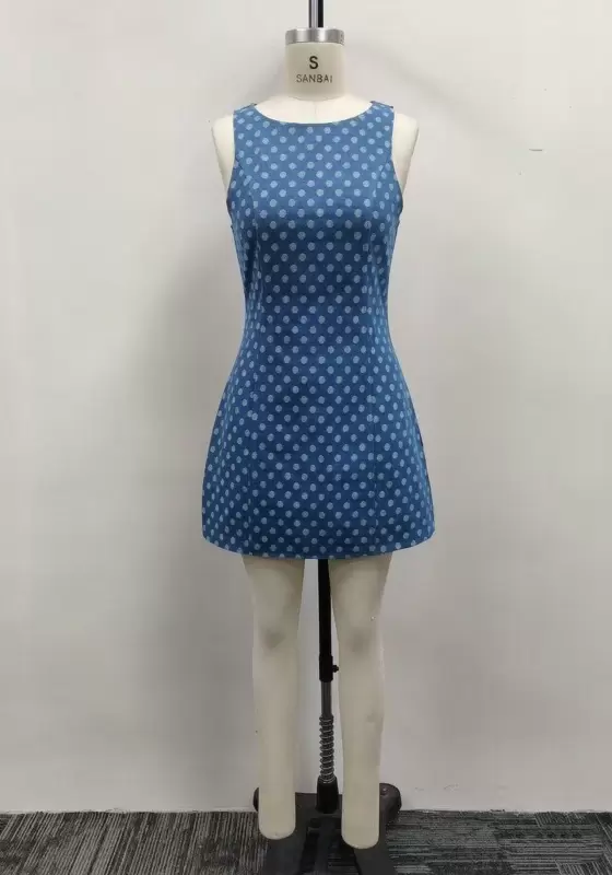 Women Blue Polka Dot Jacquard Denim Sleeveless A-Line Mini Dress