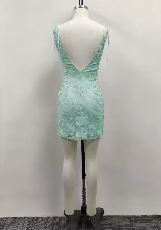 Women Mint Green Lace Tie Front Tie Shoulder Backless Bodycon Mini Dress
