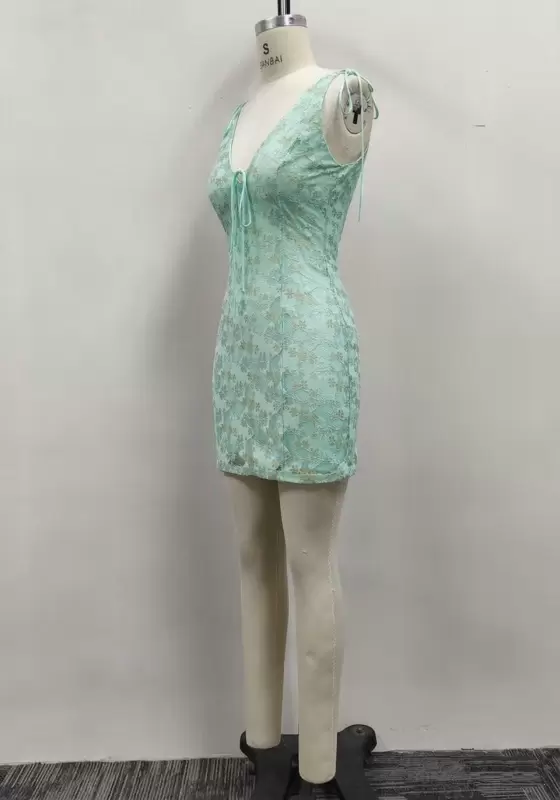 Women Mint Green Lace Tie Front Tie Shoulder Backless Bodycon Mini Dress