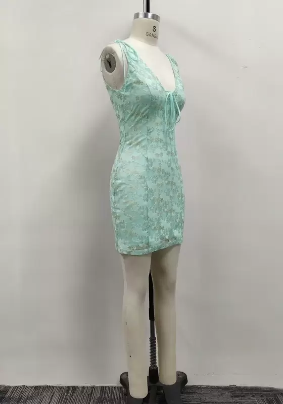 Women Mint Green Lace Tie Front Tie Shoulder Backless Bodycon Mini Dress