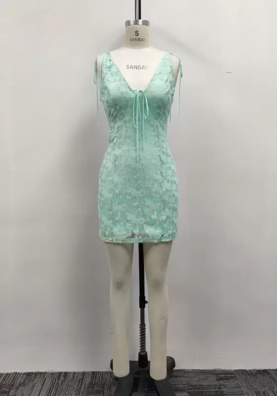 Women Mint Green Lace Tie Front Tie Shoulder Backless Bodycon Mini Dress