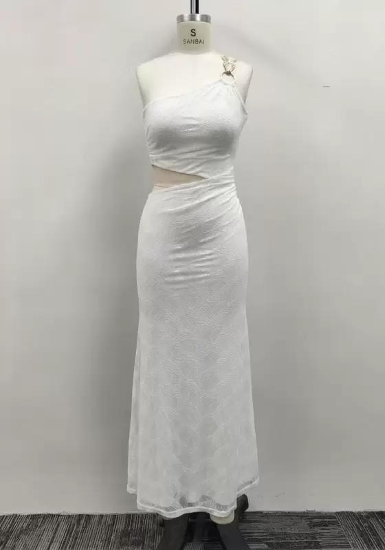 Women White Lace One Shoulder Metal Ring Waist Cutout Ruched Maxi Dress