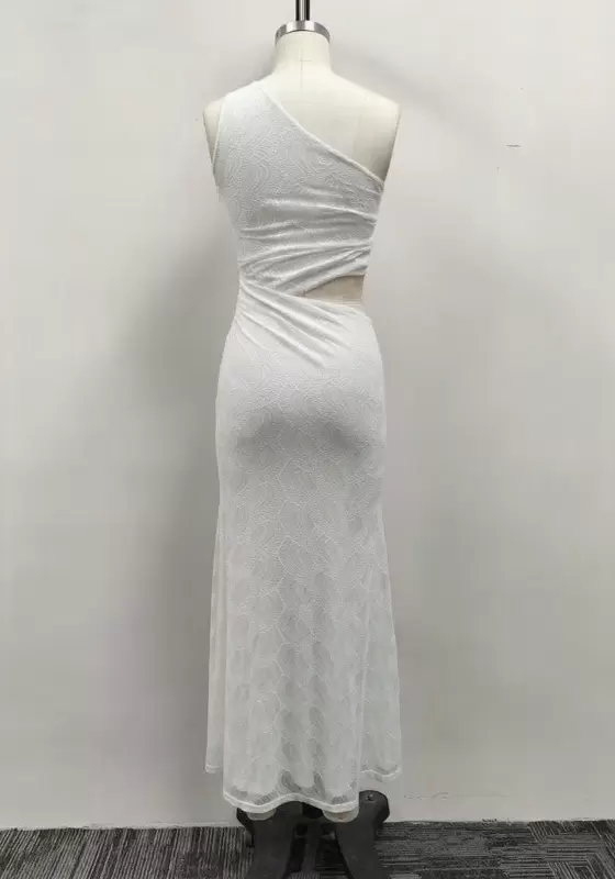 Women White Lace One Shoulder Metal Ring Waist Cutout Ruched Maxi Dress