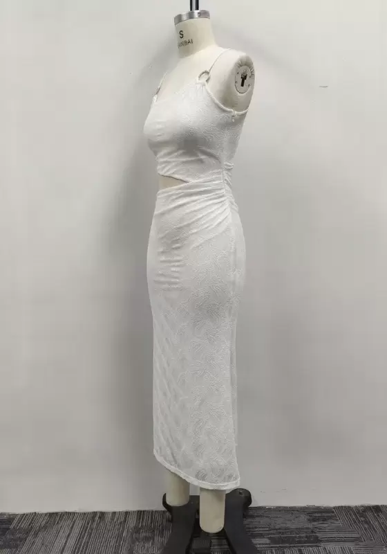 Women White Lace One Shoulder Metal Ring Waist Cutout Ruched Maxi Dress
