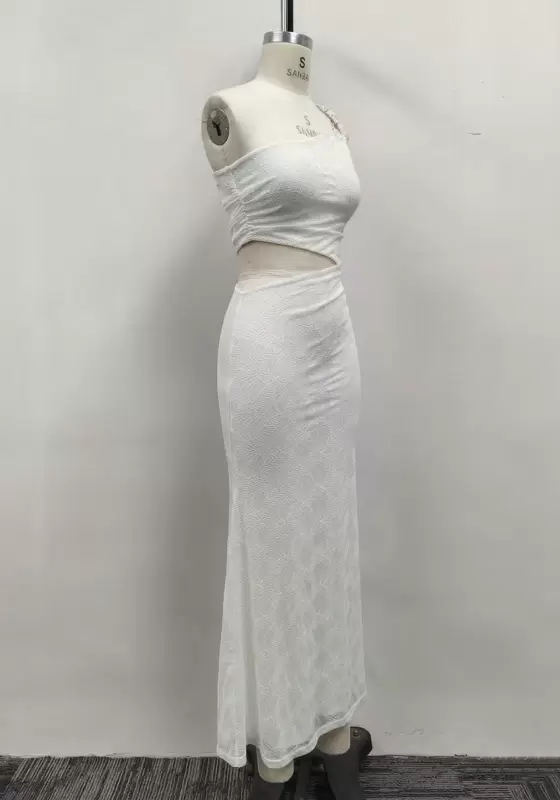 Women White Lace One Shoulder Metal Ring Waist Cutout Ruched Maxi Dress