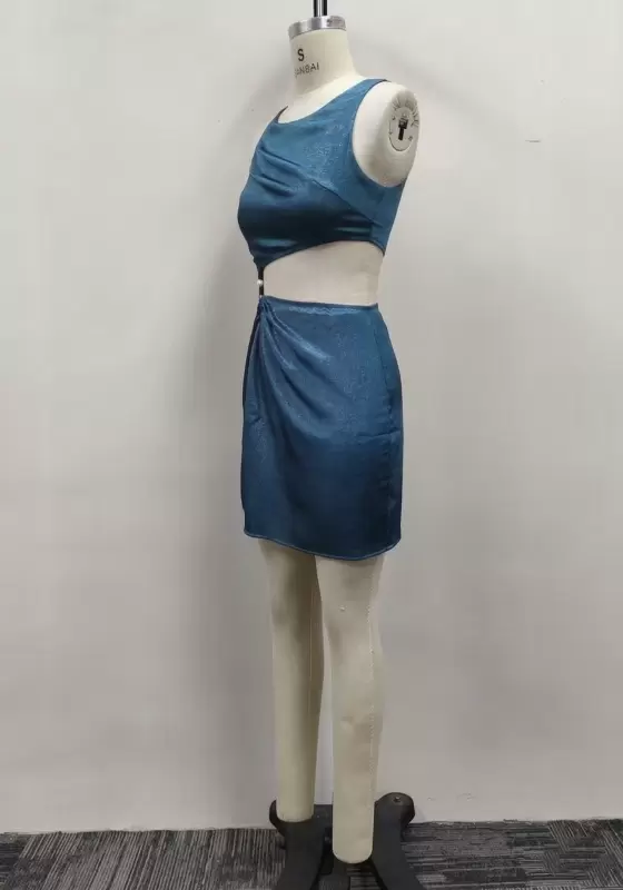 Women Teal Metallic Sleeveless Waist Cutout Pearl Ruched Bodycon Mini Dress