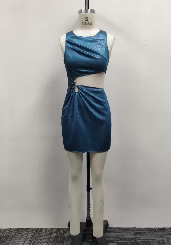 Women Teal Metallic Sleeveless Waist Cutout Pearl Ruched Bodycon Mini Dress