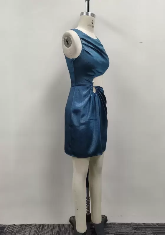 Women Teal Metallic Sleeveless Waist Cutout Pearl Ruched Bodycon Mini Dress