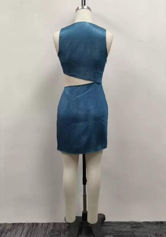 Women Teal Metallic Sleeveless Waist Cutout Pearl Ruched Bodycon Mini Dress