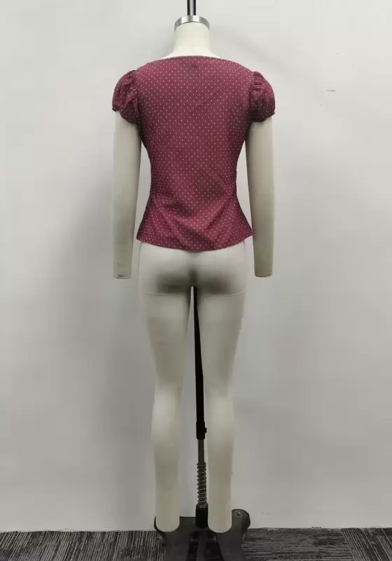 Women Burgundy Polka Dot Square Neck Puff Sleeve Button Down Blouse