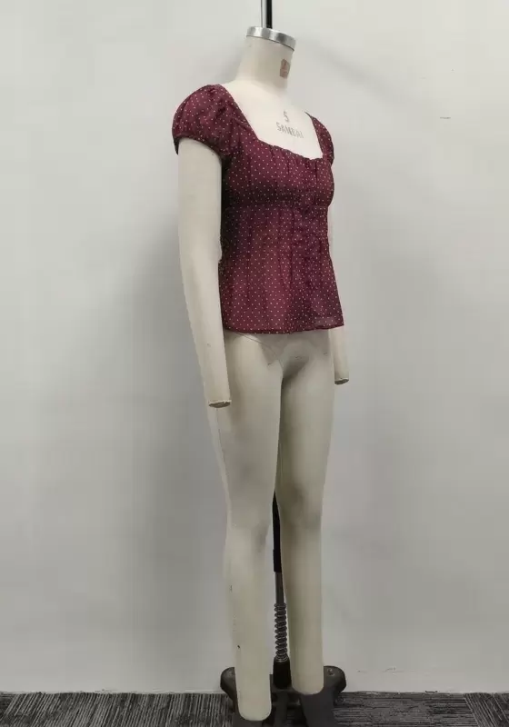 Women Burgundy Polka Dot Square Neck Puff Sleeve Button Down Blouse