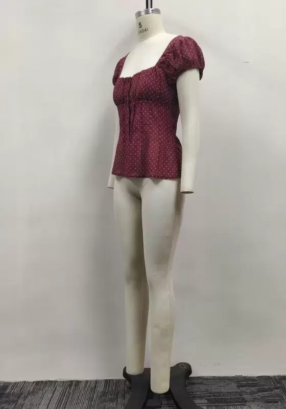 Women Burgundy Polka Dot Square Neck Puff Sleeve Button Down Blouse