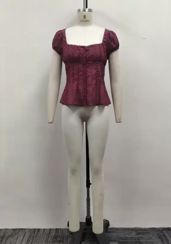 Women Burgundy Polka Dot Square Neck Puff Sleeve Button Down Blouse