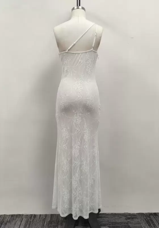 Women White Lace One Shoulder Twist Front Slit Bodycon Maxi Dress
