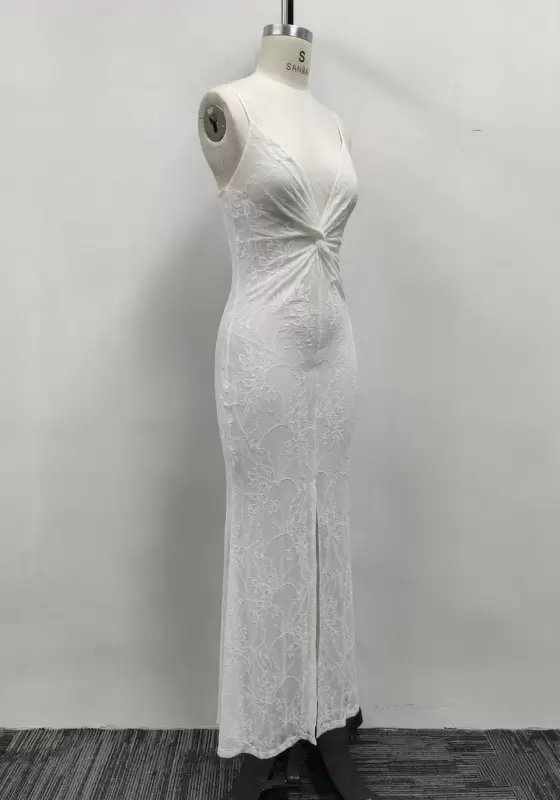 Women White Lace One Shoulder Twist Front Slit Bodycon Maxi Dress