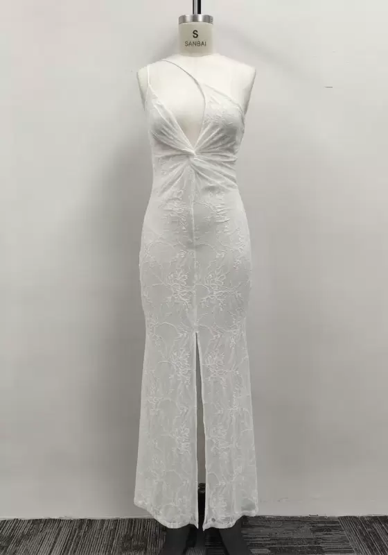 Women White Lace One Shoulder Twist Front Slit Bodycon Maxi Dress