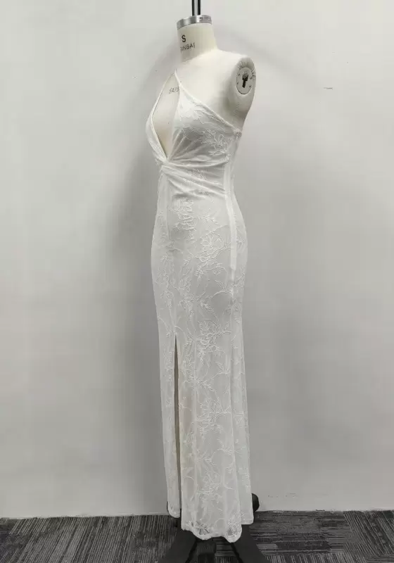 Women White Lace One Shoulder Twist Front Slit Bodycon Maxi Dress