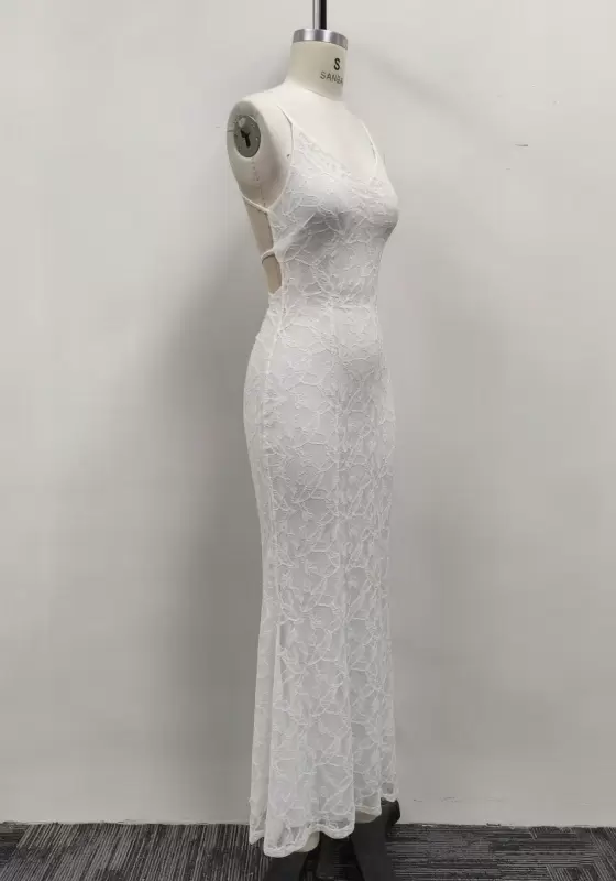 Women White Lace Asymmetric Neck Tie Shoulder Open Back Bodycon Maxi Dress